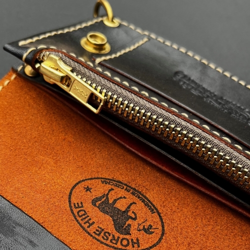 KRYSL GOODS HANDMADE LARGE HORSE HIDE LEATHER TRUCKER WALLET VZ.59 SADDLE TAN/BLACK